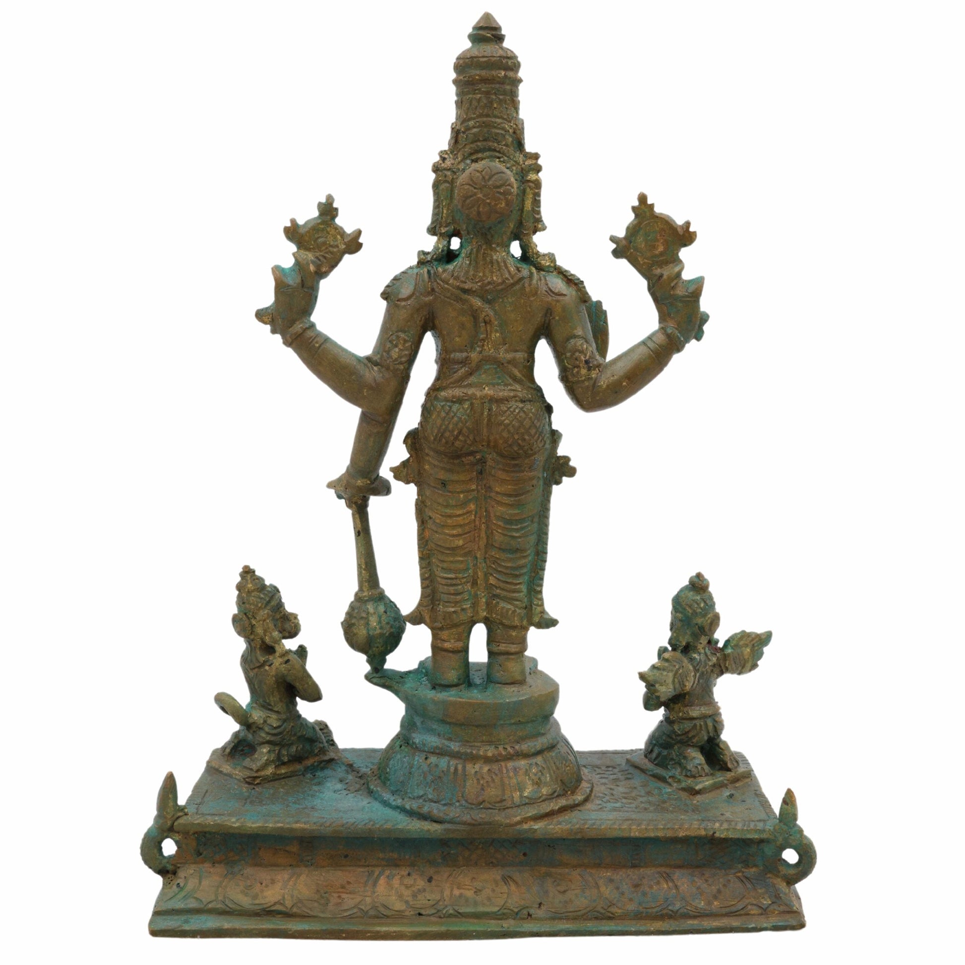 Bronze Vishnu Idol with Garud Dev and Hanuman in Antique Style, Panchaloha Narayan Vigraha, Panchadhatu Sri Vishnu Murti for Pooja and Decor, Brown, 7 Inch, 1 Piece