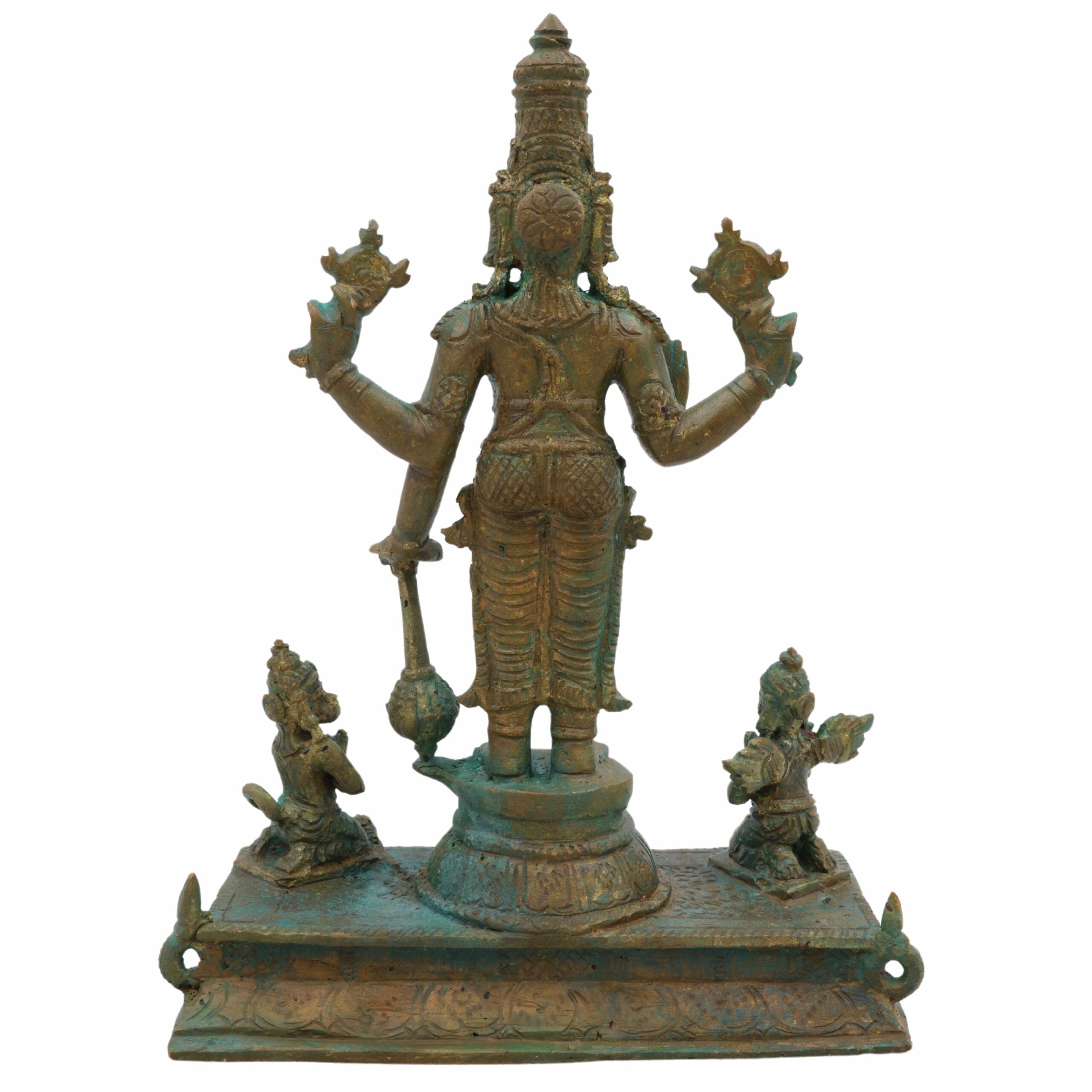 Bronze Vishnu Idol with Garud Dev and Hanuman in Antique Style, Panchaloha Narayan Vigraha, Panchadhatu Sri Vishnu Murti for Pooja and Decor, Brown, 7 Inch, 1 Piece