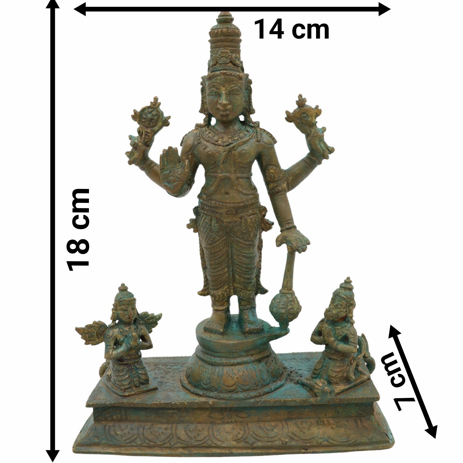 Bronze Vishnu Idol with Garud Dev and Hanuman in Antique Style, Panchaloha Narayan Vigraha, Panchadhatu Sri Vishnu Murti for Pooja and Decor, Brown, 7 Inch, 1 Piece