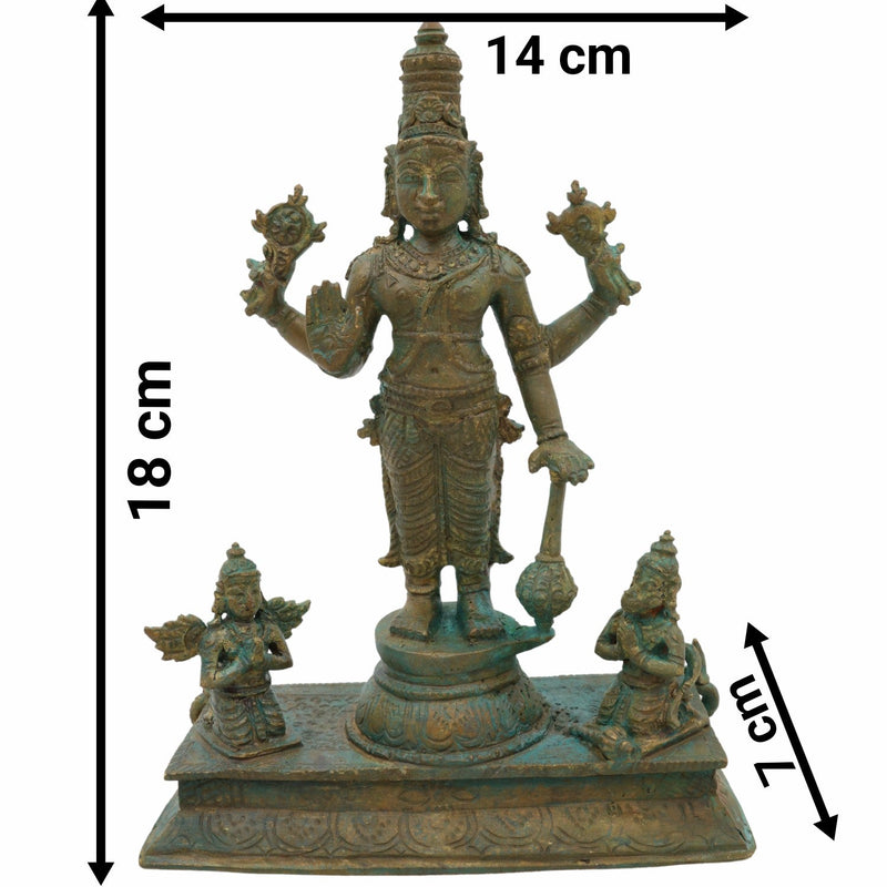 Bronze Vishnu Idol with Garud Dev and Hanuman in Antique Style, Panchaloha Narayan Vigraha, Panchadhatu Sri Vishnu Murti for Pooja and Decor, Brown, 7 Inch, 1 Piece