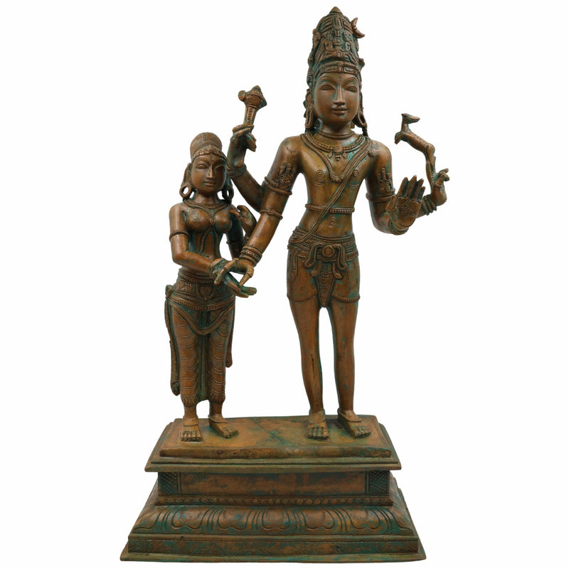 Bhunes Handcrafted Bronze Lord Shiva Parvati Idol, Panchaloha Shiv Parvati Statue, Kalyanasundara Murti for Pooja, Home Decor, Panchadhatu Vigraha, Brown, 18.5 Inch, 1 Piece
