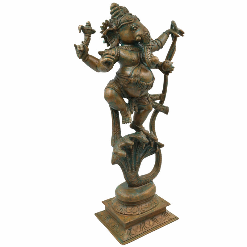 Bhunes Bronze Ganesha Idol On Snake, Panchadhatu Ganesh Ki Murti, Panchaloha Ganpati Vigraha,Brown, 19 Inch, 1 Piece