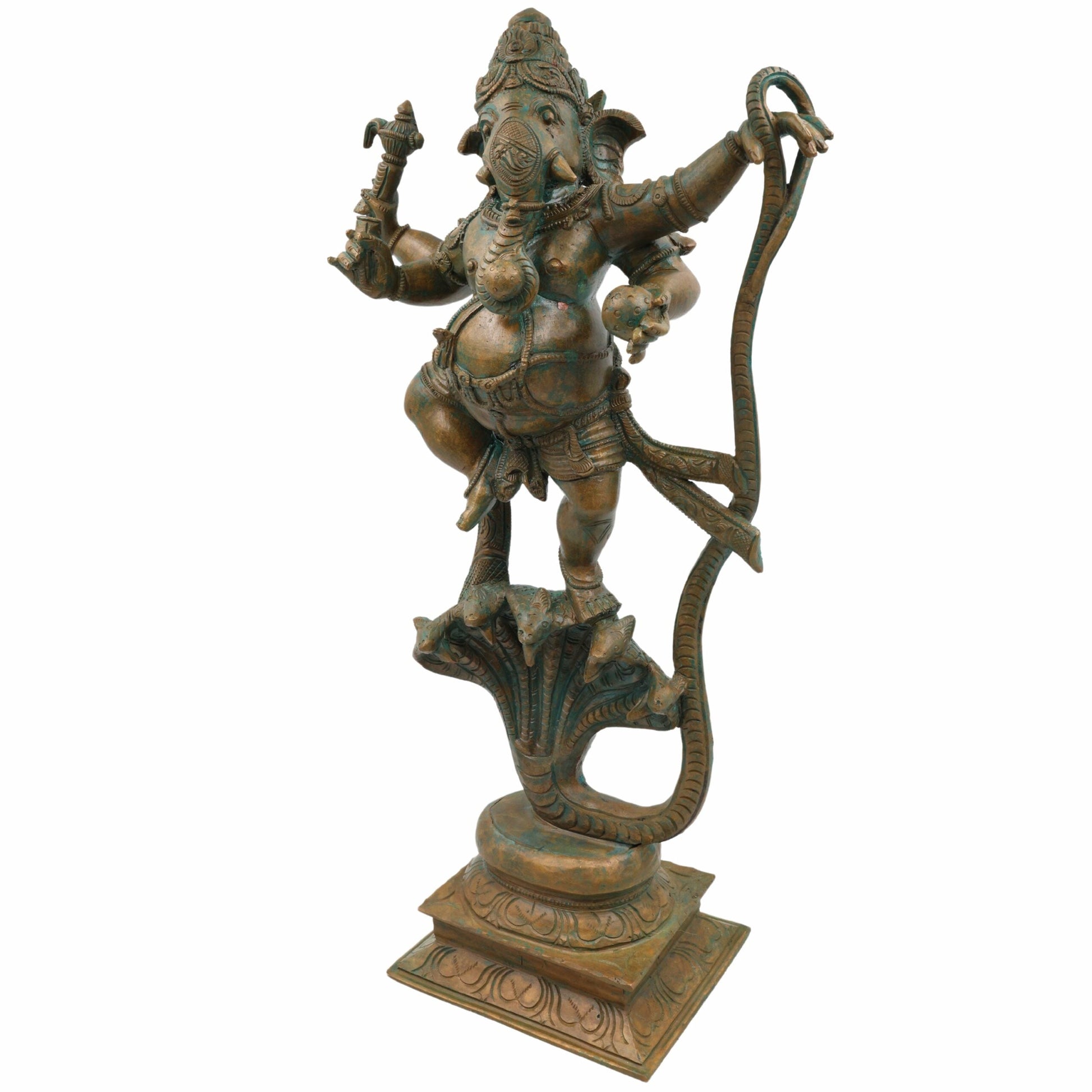 Bhunes Bronze Ganesha Idol On Snake, Panchadhatu Ganesh Ki Murti, Panchaloha Ganpati Vigraha,Brown, 19 Inch, 1 Piece