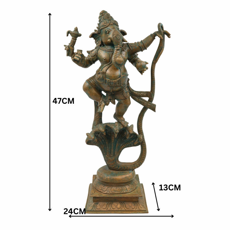 Bhunes Bronze Ganesha Idol On Snake, Panchadhatu Ganesh Ki Murti, Panchaloha Ganpati Vigraha,Brown, 19 Inch, 1 Piece