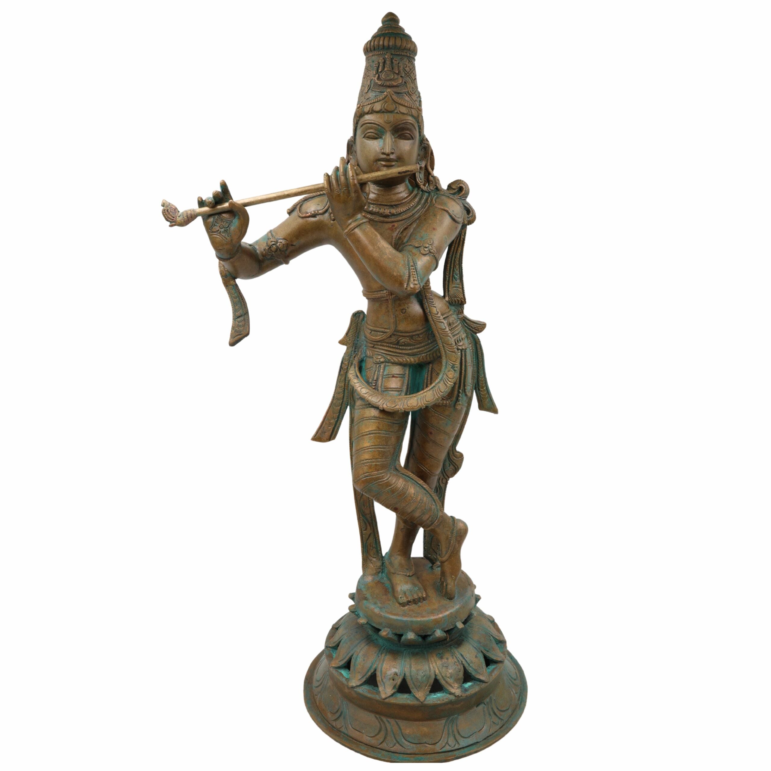 Bronze Panchaloha Lord Krishna Idol | Bal Gopal, Govinda, Kanha, Shyam, Banke Bihari, Venu Gopal Murti Sculpture for Puja & Home Décor, Brown, 21.5 Inch, 1 Piece