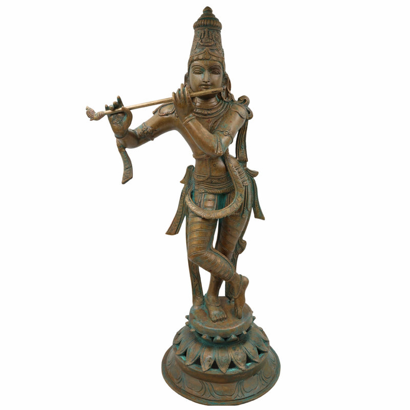 Bronze Panchaloha Lord Krishna Idol | Bal Gopal, Govinda, Kanha, Shyam, Banke Bihari, Venu Gopal Murti Sculpture for Puja & Home Décor, Brown, 21.5 Inch, 1 Piece