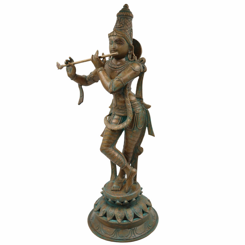Bronze Panchaloha Lord Krishna Idol | Bal Gopal, Govinda, Kanha, Shyam, Banke Bihari, Venu Gopal Murti Sculpture for Puja & Home Décor, Brown, 21.5 Inch, 1 Piece