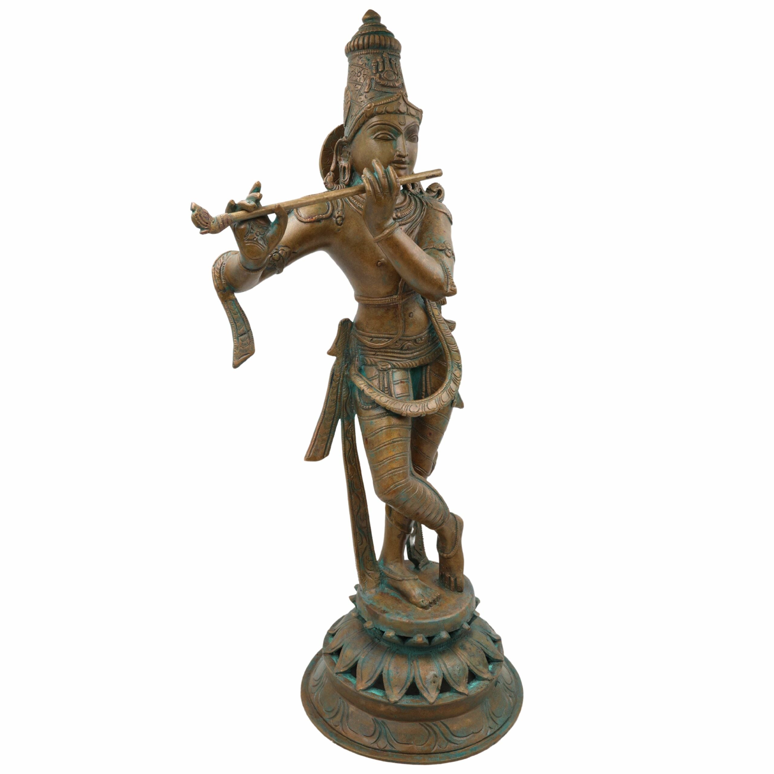 Bronze Panchaloha Lord Krishna Idol | Bal Gopal, Govinda, Kanha, Shyam, Banke Bihari, Venu Gopal Murti Sculpture for Puja & Home Décor, Brown, 21.5 Inch, 1 Piece
