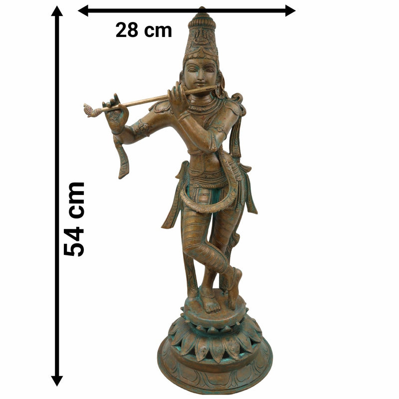 Bronze Panchaloha Lord Krishna Idol | Bal Gopal, Govinda, Kanha, Shyam, Banke Bihari, Venu Gopal Murti Sculpture for Puja & Home Décor, Brown, 21.5 Inch, 1 Piece