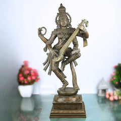 Bhunes Panchadhatu Saraswati Idol – Bronze Vidya Devi Statue, Sarasvati Murti, Saraswathi Sculpture for Home, Temple, Pooja Room Decor, Brown, 33 Inch, 1 Piece