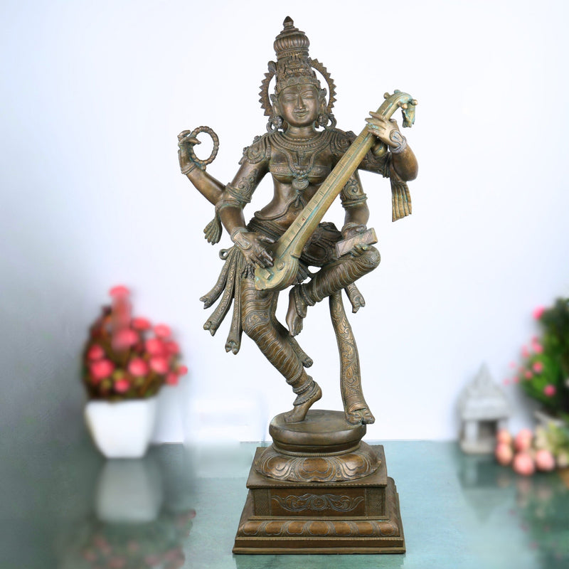 Bhunes Panchadhatu Saraswati Idol – Bronze Vidya Devi Statue, Sarasvati Murti, Saraswathi Sculpture for Home, Temple, Pooja Room Decor, Brown, 33 Inch, 1 Piece