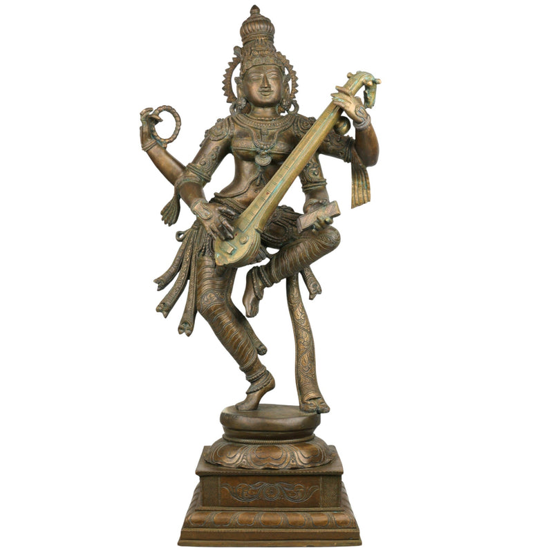 Bhunes Panchadhatu Saraswati Idol – Bronze Vidya Devi Statue, Sarasvati Murti, Saraswathi Sculpture for Home, Temple, Pooja Room Decor, Brown, 33 Inch, 1 Piece