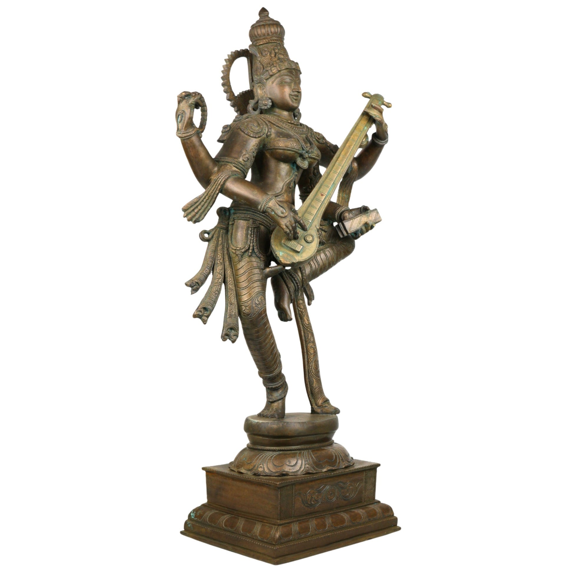 Bhunes Panchadhatu Saraswati Idol – Bronze Vidya Devi Statue, Sarasvati Murti, Saraswathi Sculpture for Home, Temple, Pooja Room Decor, Brown, 33 Inch, 1 Piece