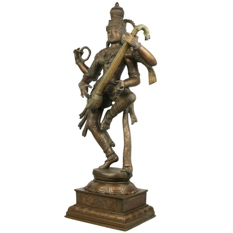 Bhunes Panchadhatu Saraswati Idol – Bronze Vidya Devi Statue, Sarasvati Murti, Saraswathi Sculpture for Home, Temple, Pooja Room Decor, Brown, 33 Inch, 1 Piece