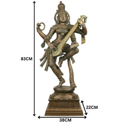 Bhunes Panchadhatu Saraswati Idol – Bronze Vidya Devi Statue, Sarasvati Murti, Saraswathi Sculpture for Home, Temple, Pooja Room Decor, Brown, 33 Inch, 1 Piece