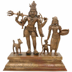 Bronze Shiva Parvati with Ganesha Idol | Panchaloha Shiv Shakti Ganesh Murti | Uma Maheshwari Vinayaka Statue | Handcrafted Chola Art Panchdhatu Sculpture, Brown, 13.5 Inch, 1 Piece
