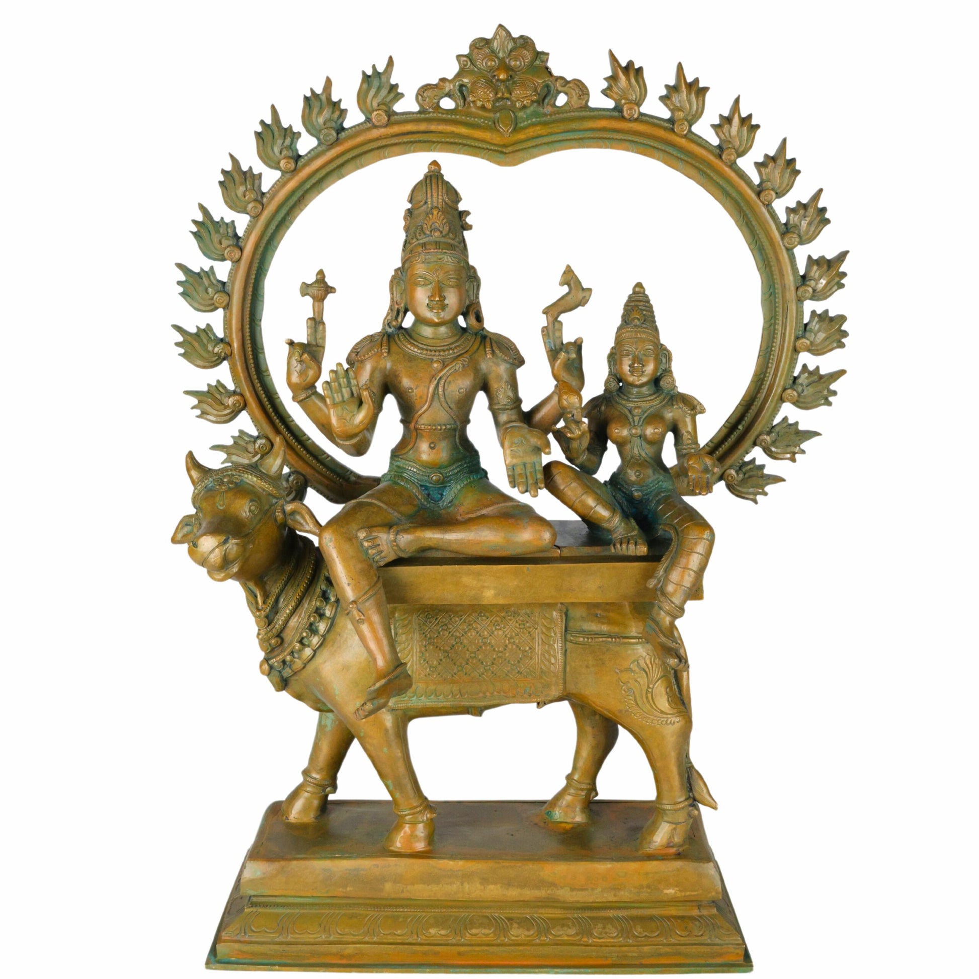 Panchaloha Shiva Parvati on Nandi – Exquisite Handmade Panchaloha Bronze Idol, Home Decor, Brown, 17.5 Inch, 1 Piece
