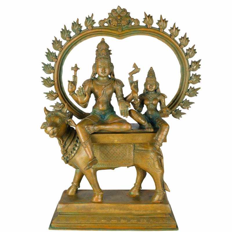 Panchaloha Shiva Parvati on Nandi – Exquisite Handmade Panchaloha Bronze Idol, Home Decor, Brown, 17.5 Inch, 1 Piece