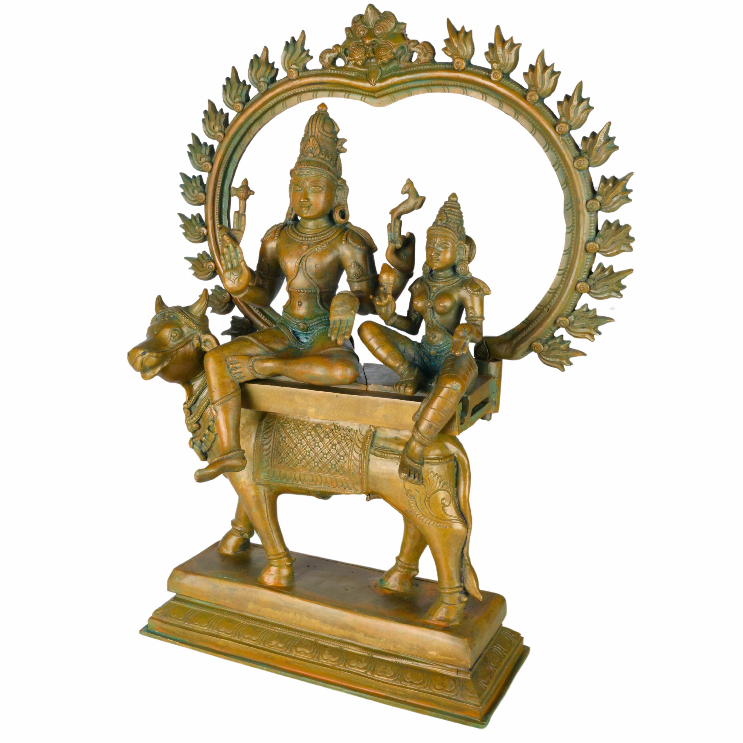Panchaloha Shiva Parvati on Nandi – Exquisite Handmade Panchaloha Bronze Idol, Home Decor, Brown, 17.5 Inch, 1 Piece