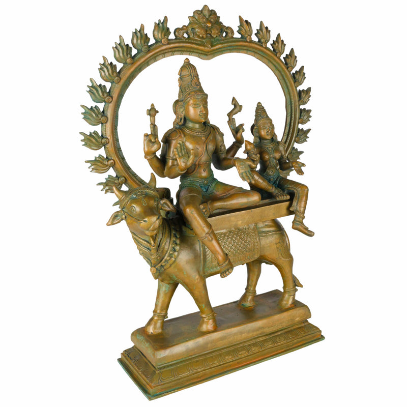 Panchaloha Shiva Parvati on Nandi – Exquisite Handmade Panchaloha Bronze Idol, Home Decor, Brown, 17.5 Inch, 1 Piece