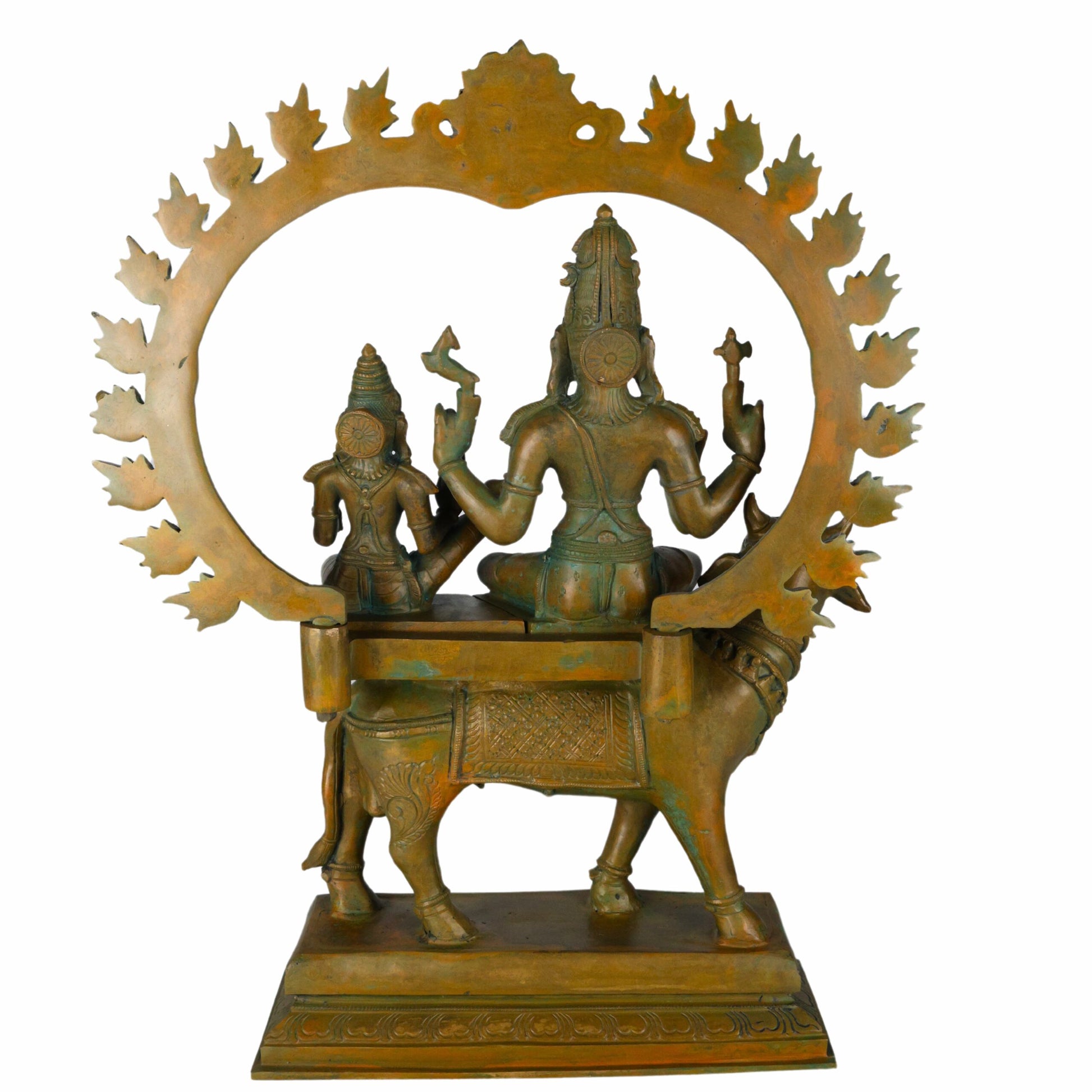 Panchaloha Shiva Parvati on Nandi – Exquisite Handmade Panchaloha Bronze Idol, Home Decor, Brown, 17.5 Inch, 1 Piece