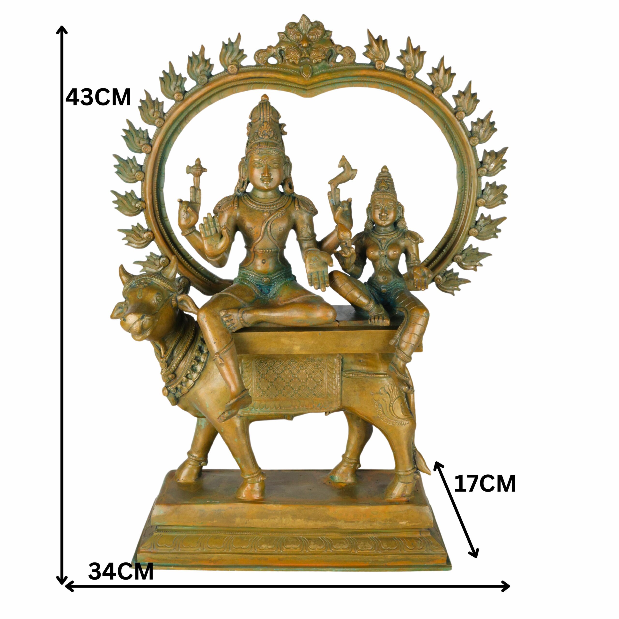 Panchaloha Shiva Parvati on Nandi – Exquisite Handmade Panchaloha Bronze Idol, Home Decor, Brown, 17.5 Inch, 1 Piece