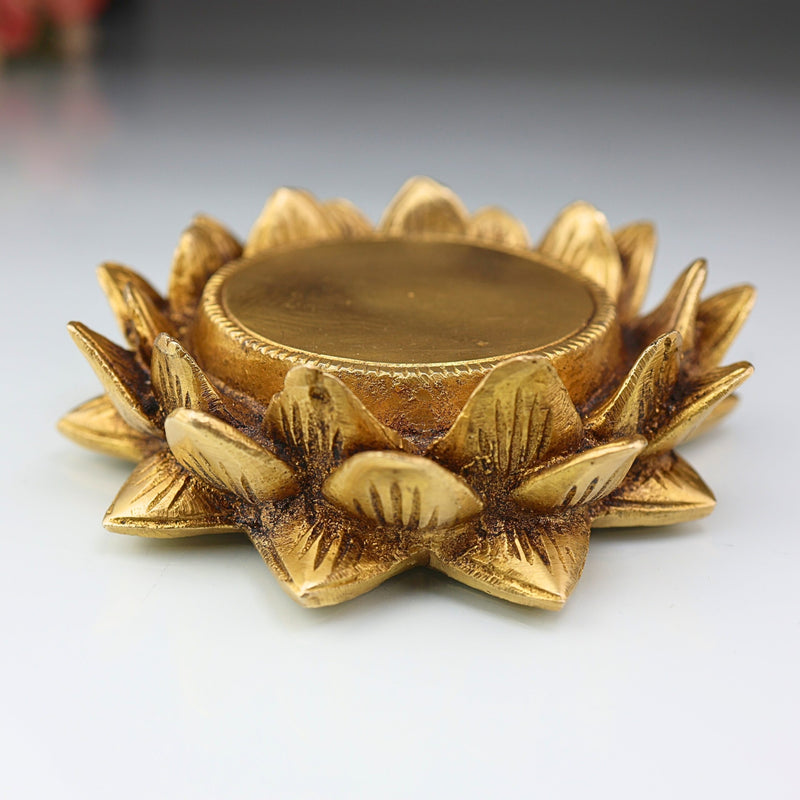 Brass Lotus Shaped Pooja Chowki for Kalash and Deity, Traditional Brass Pooja Aasan, Devotional Lotus Platform, Mandir Stand, Home Decor, Gold, 1.5 Inch, 1 Piece