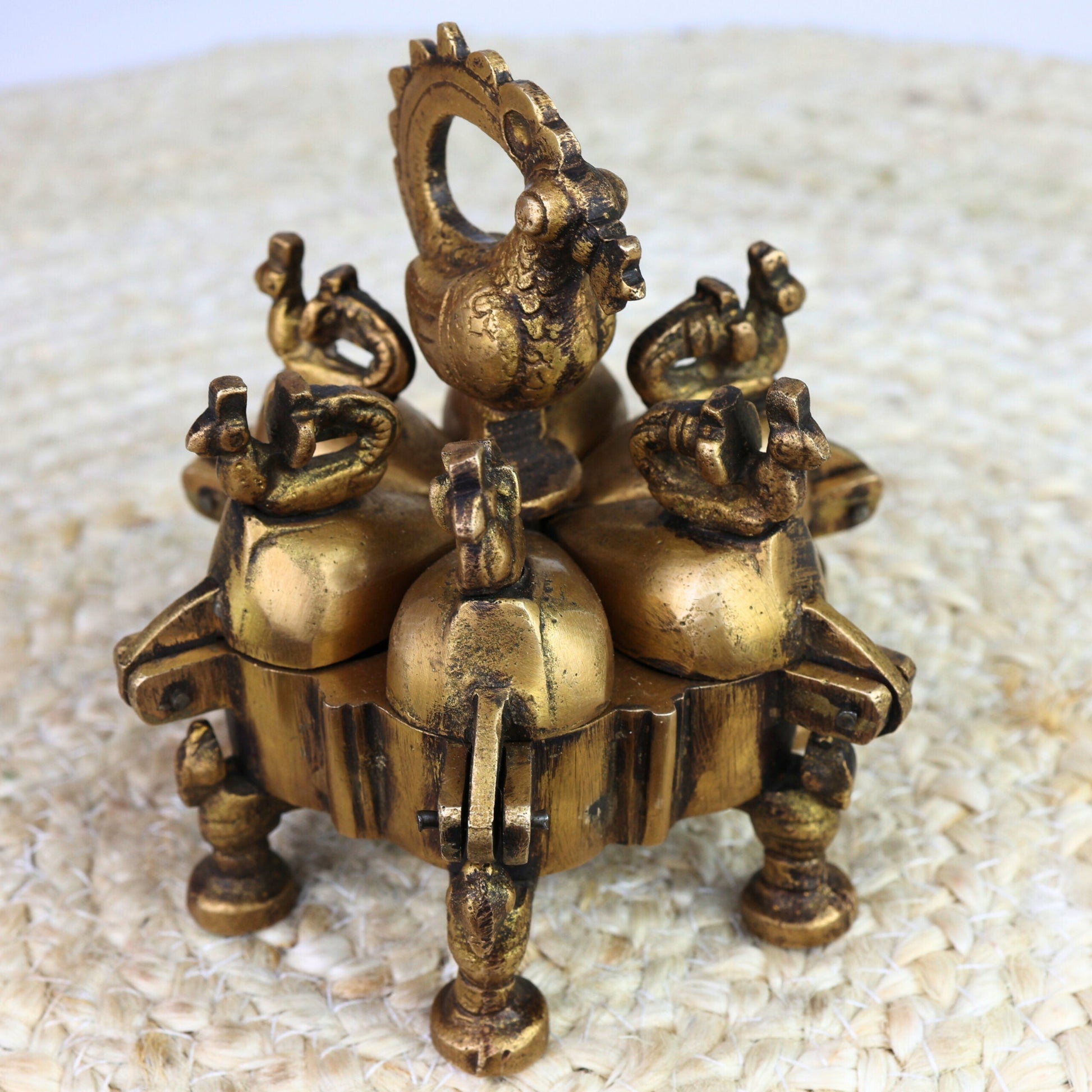 Bhunes Brass Decorative Boxes, Box, Multipurpose Boxes, Sindoor Boxes, Sindhur Box, Antique, Box With Peacock Opener,Gold, 4.5 Inch, 1 Piece