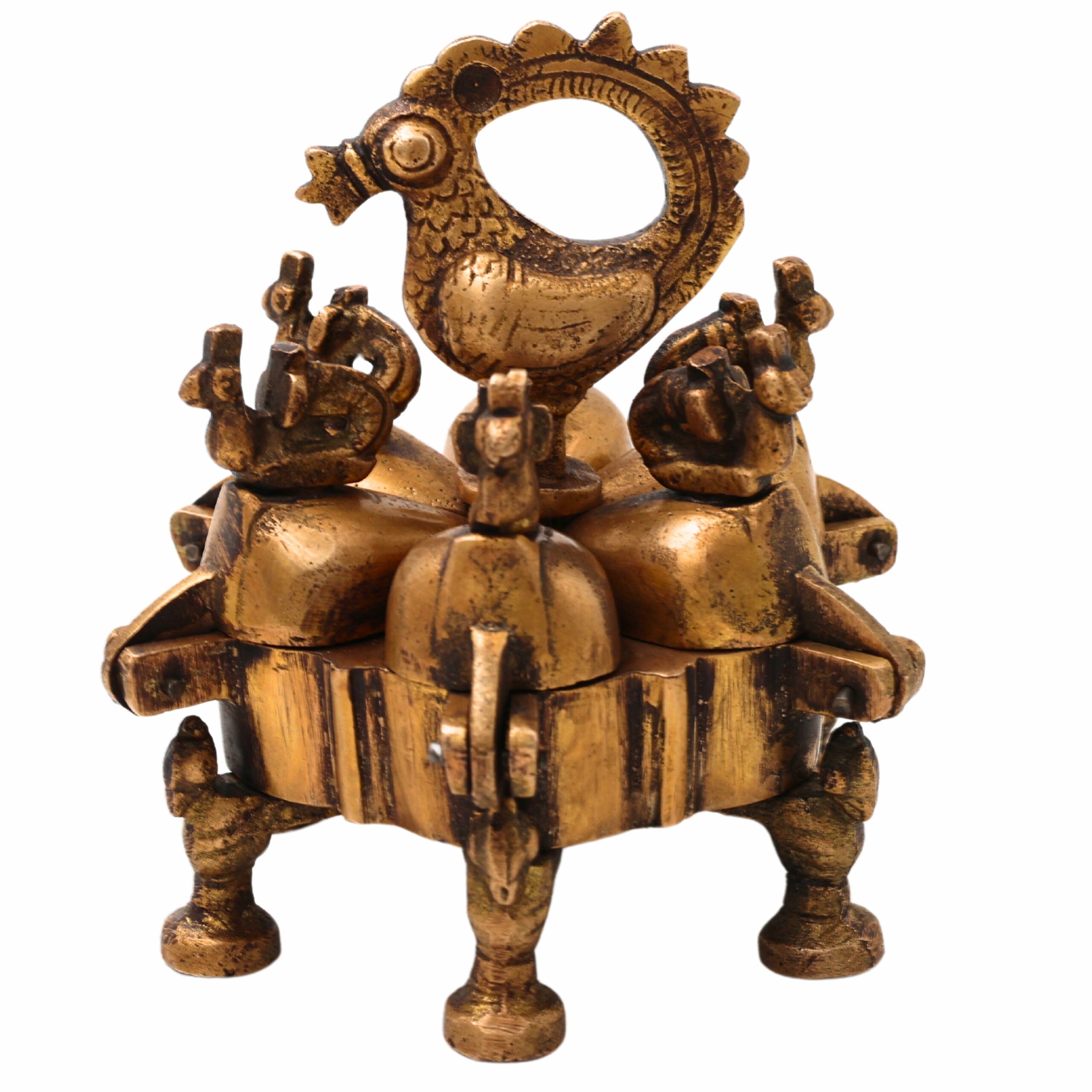 Bhunes Brass Decorative Boxes, Box, Multipurpose Boxes, Sindoor Boxes, Sindhur Box, Antique, Box With Peacock Opener,Gold, 4.5 Inch, 1 Piece