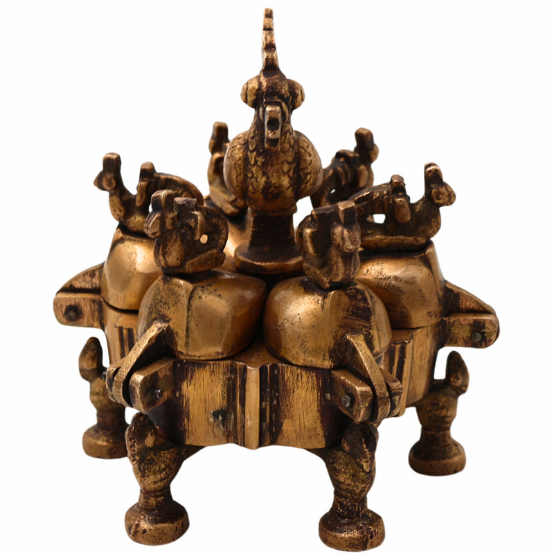 Bhunes Brass Decorative Boxes, Box, Multipurpose Boxes, Sindoor Boxes, Sindhur Box, Antique, Box With Peacock Opener,Gold, 4.5 Inch, 1 Piece