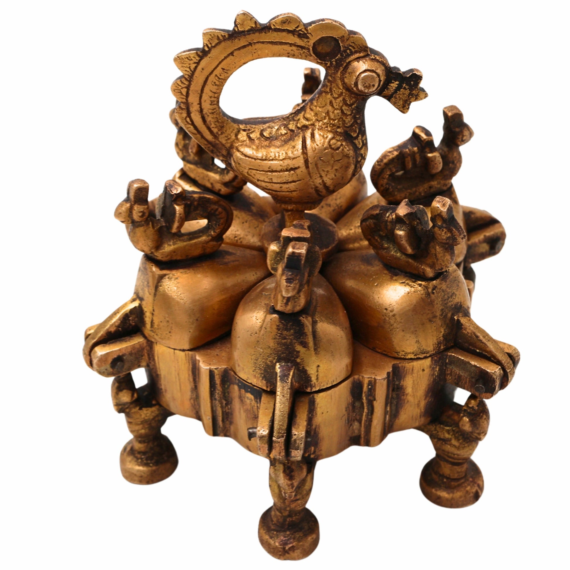 Bhunes Brass Decorative Boxes, Box, Multipurpose Boxes, Sindoor Boxes, Sindhur Box, Antique, Box With Peacock Opener,Gold, 4.5 Inch, 1 Piece