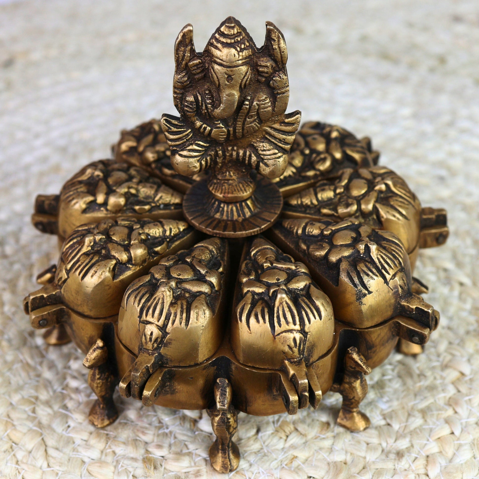 Bhunes Brass Decorative Boxes, Box, Multipurpose Boxes, Sindoor Boxes, Sindhur Box, Antique, Box With Ganesha Idol On Top,Gold, 5 Inch, 1 Piece