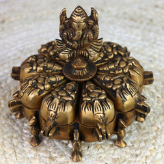 Bhunes Brass Decorative Boxes, Box, Multipurpose Boxes, Sindoor Boxes, Sindhur Box, Antique, Box With Ganesha Idol On Top,Gold, 5 Inch, 1 Piece