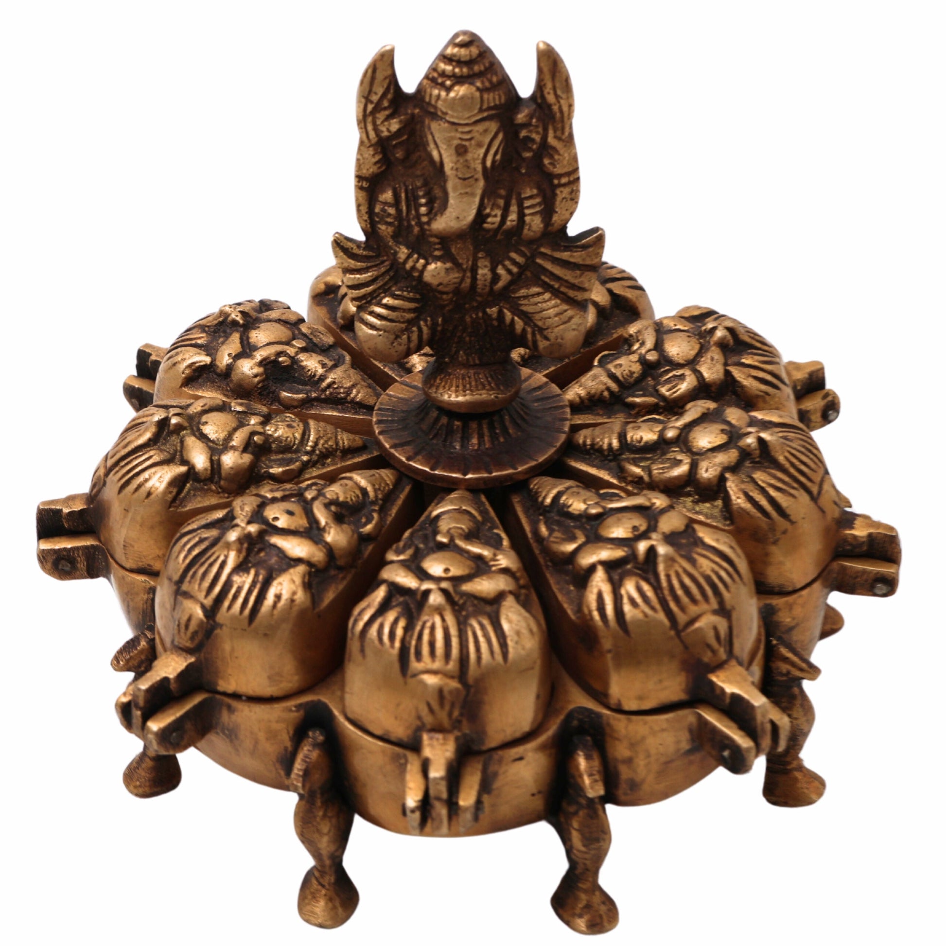 Bhunes Brass Decorative Boxes, Box, Multipurpose Boxes, Sindoor Boxes, Sindhur Box, Antique, Box With Ganesha Idol On Top,Gold, 5 Inch, 1 Piece