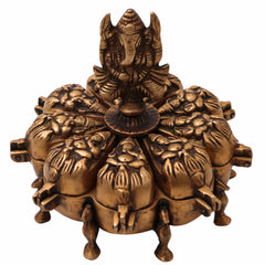 Bhunes Brass Decorative Boxes, Box, Multipurpose Boxes, Sindoor Boxes, Sindhur Box, Antique, Box With Ganesha Idol On Top,Gold, 5 Inch, 1 Piece