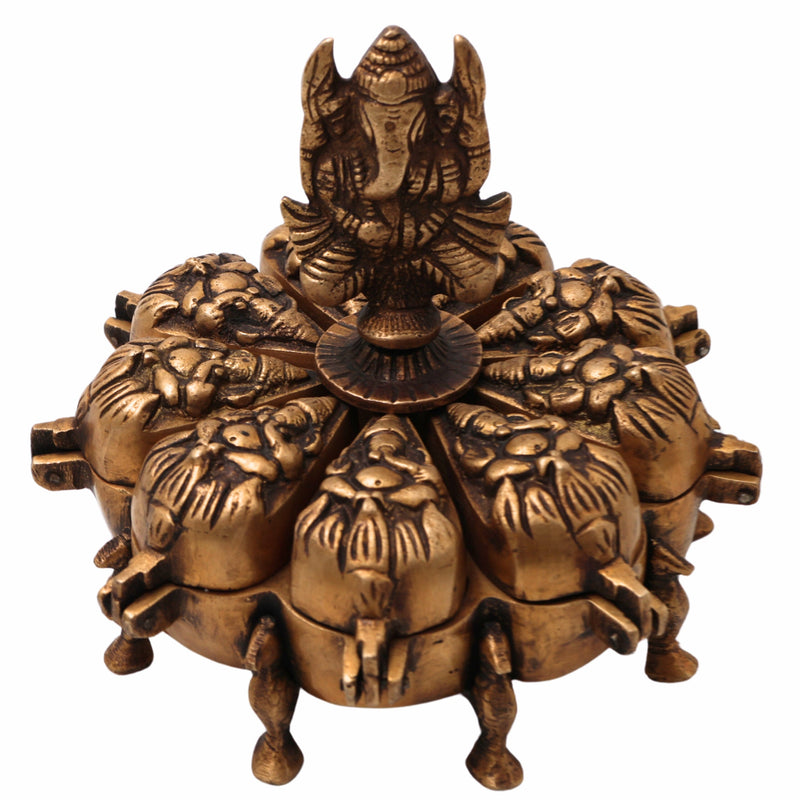 Bhunes Brass Decorative Boxes, Box, Multipurpose Boxes, Sindoor Boxes, Sindhur Box, Antique, Box With Ganesha Idol On Top,Gold, 5 Inch, 1 Piece