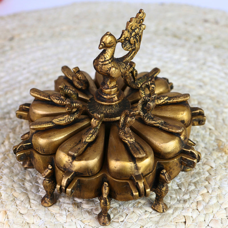 Bhunes Brass Decorative Boxes, Box, Multipurpose Boxes, Sindoor Boxes, Sindhur Box, Antique, Box With Peacock Opener,Gold, 5 Inch, 1 Piece