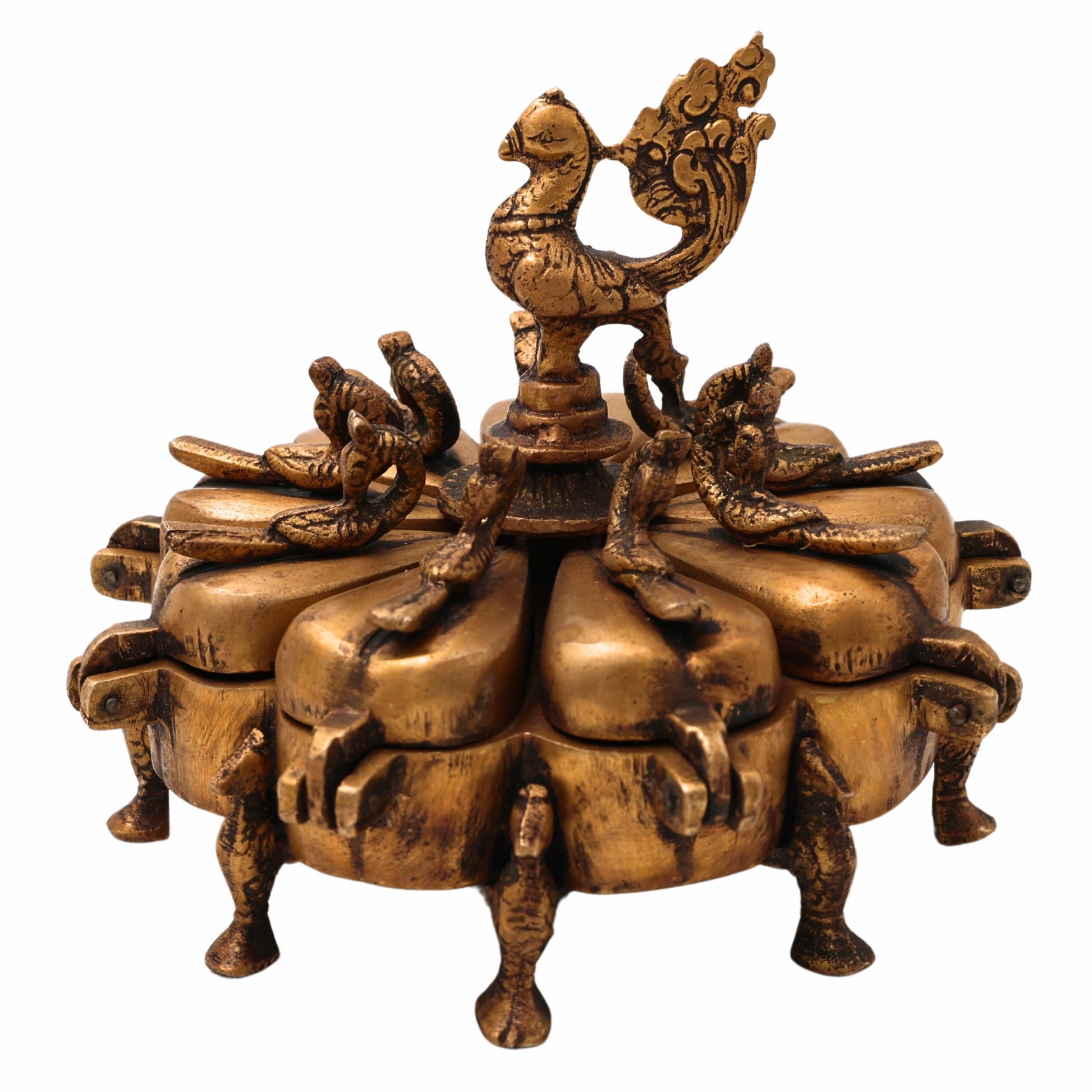 Bhunes Brass Decorative Boxes, Box, Multipurpose Boxes, Sindoor Boxes, Sindhur Box, Antique, Box With Peacock Opener,Gold, 5 Inch, 1 Piece