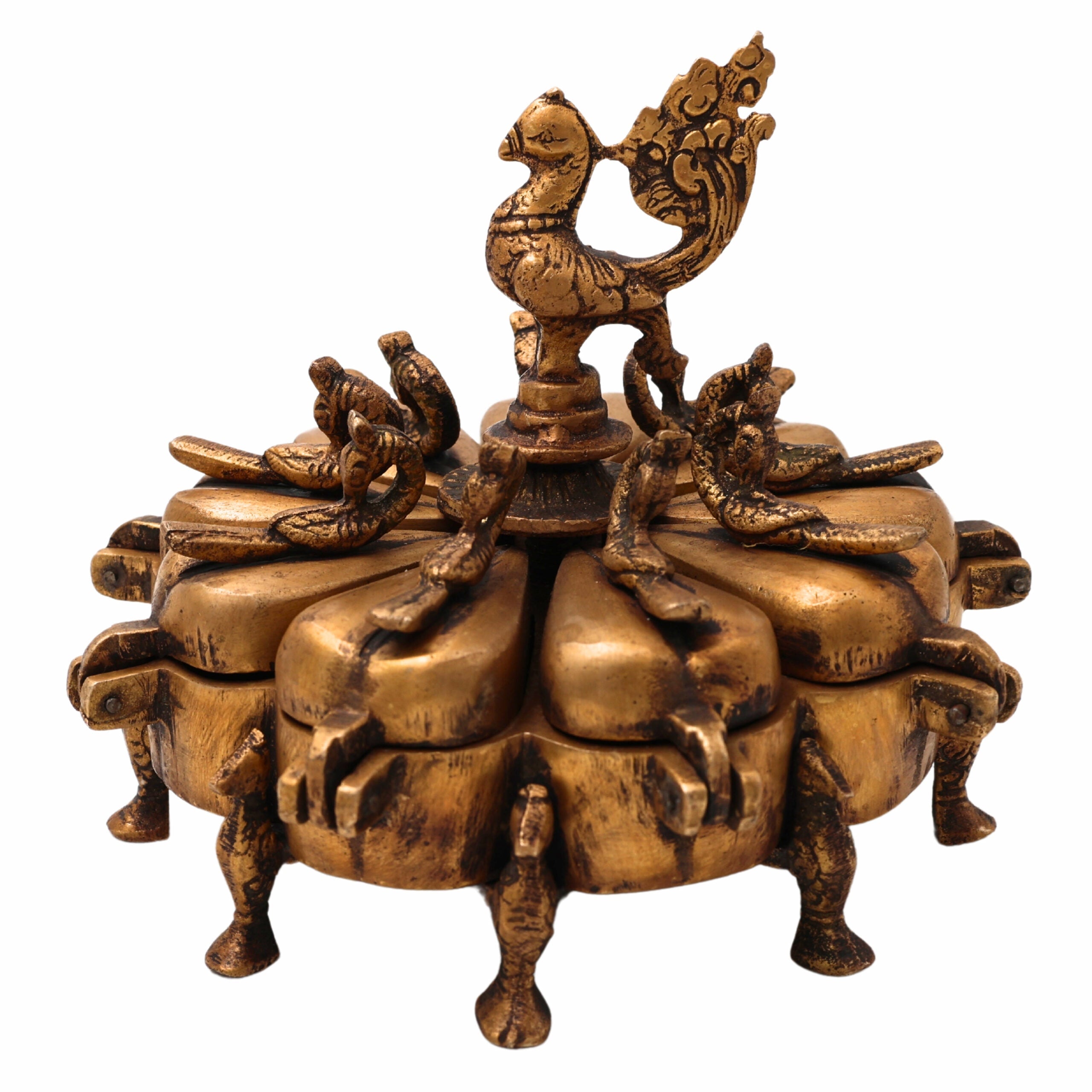 Bhunes Brass Decorative Boxes, Box, Multipurpose Boxes, Sindoor Boxes, Sindhur Box, Antique, Box With Peacock Opener,Gold, 5 Inch, 1 Piece