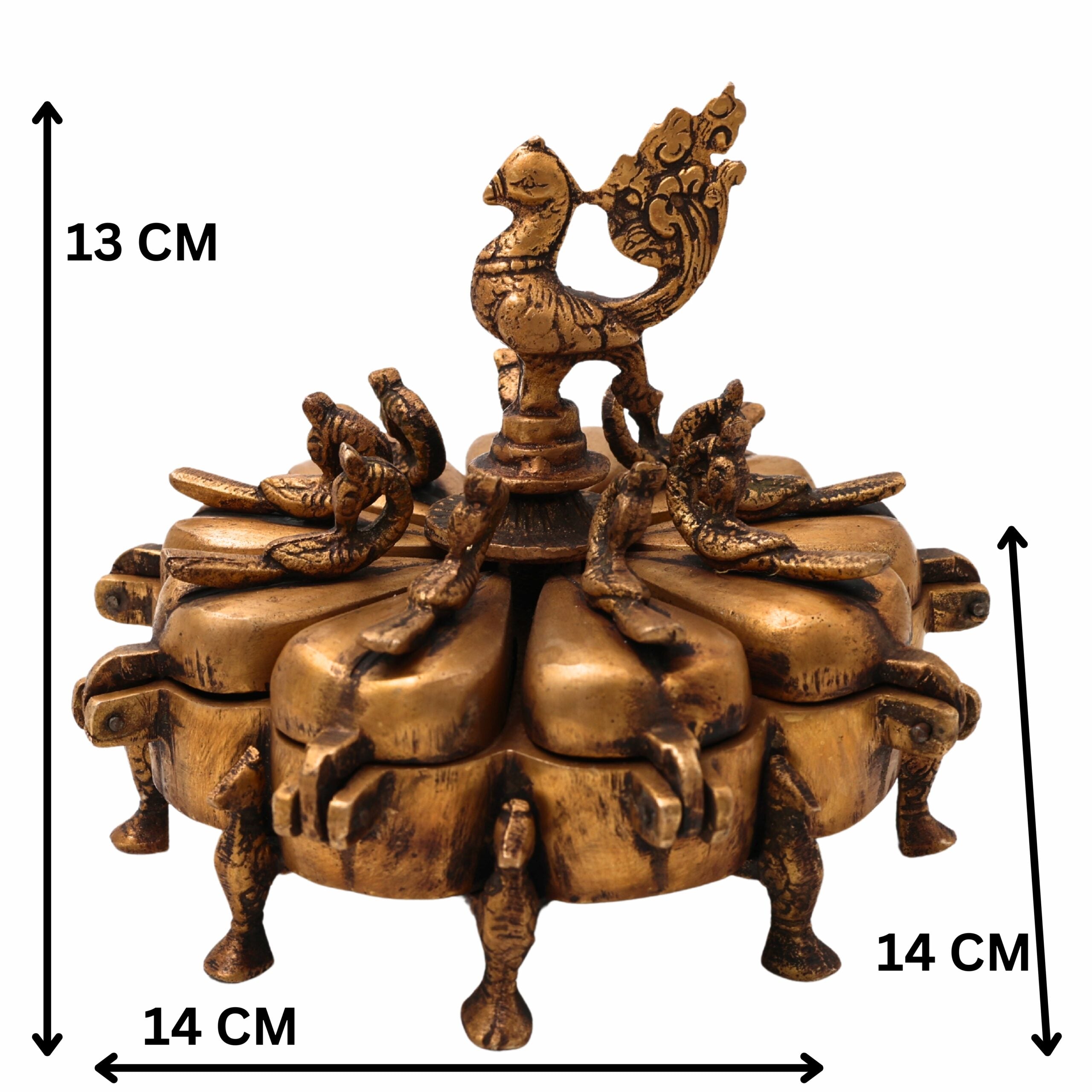 Bhunes Brass Decorative Boxes, Box, Multipurpose Boxes, Sindoor Boxes, Sindhur Box, Antique, Box With Peacock Opener,Gold, 5 Inch, 1 Piece