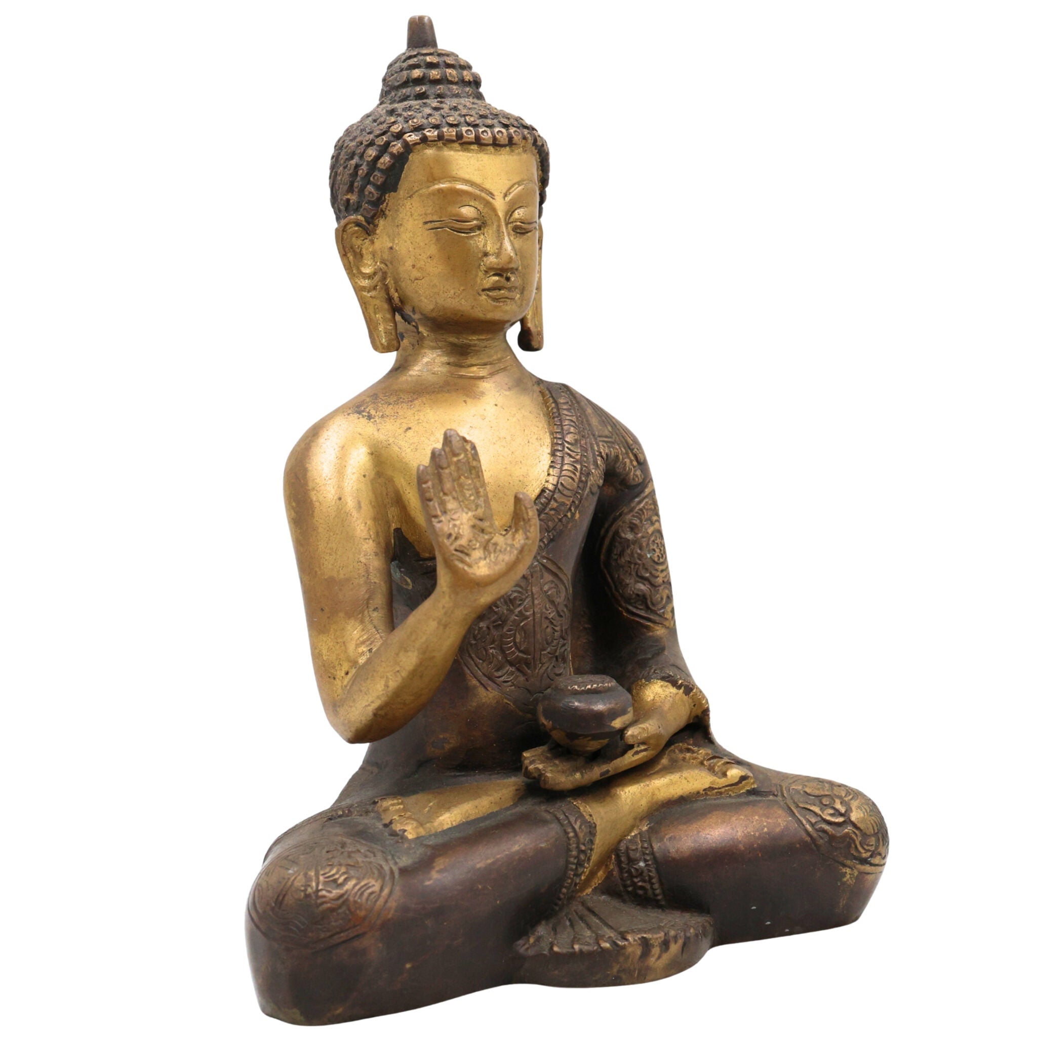 Handcrafted Brass Buddha Idol, Gautama Buddha Murti, Shakyamuni Statue, Meditation Decor, Feng Shui Home Altar, Indian Spiritual Sculpture, Gold, 8.5 Inch, 1 Piece