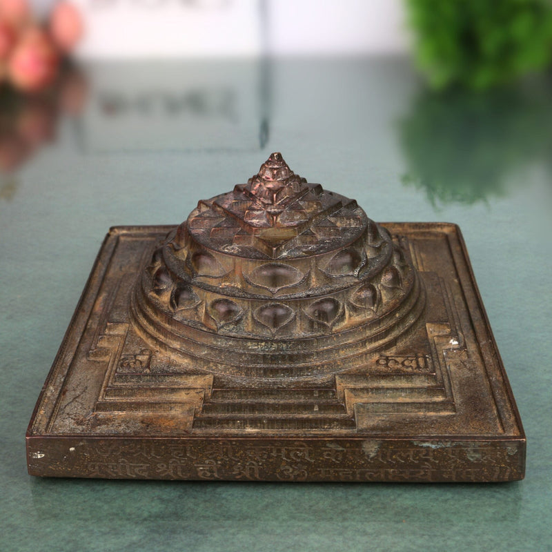 Bronze Shree Yantra, Shri Chakra, Sri Yantra, Maha Meru, Shree Meru Yantra, Sacred Vastu Yantra for Wealth, Prosperity & Spiritual Energy, Brown, 3 Inch, 1 Piece