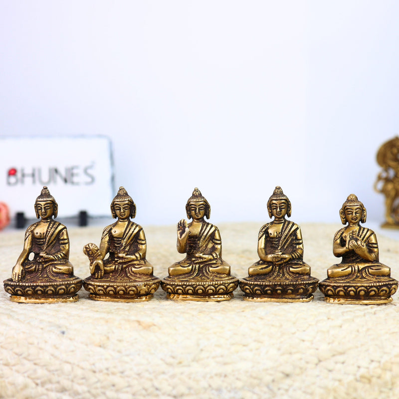 Brass Five Dhyani Buddhas Idol – Vairocana, Akshobhya, Ratnasambhava, Amitabha & Amoghasiddhi Murti | Buddhist Statue, Vigraha, Moorti for Home, Temple, Meditation & Gifts,Gold, 3 Inch, 1 Piece