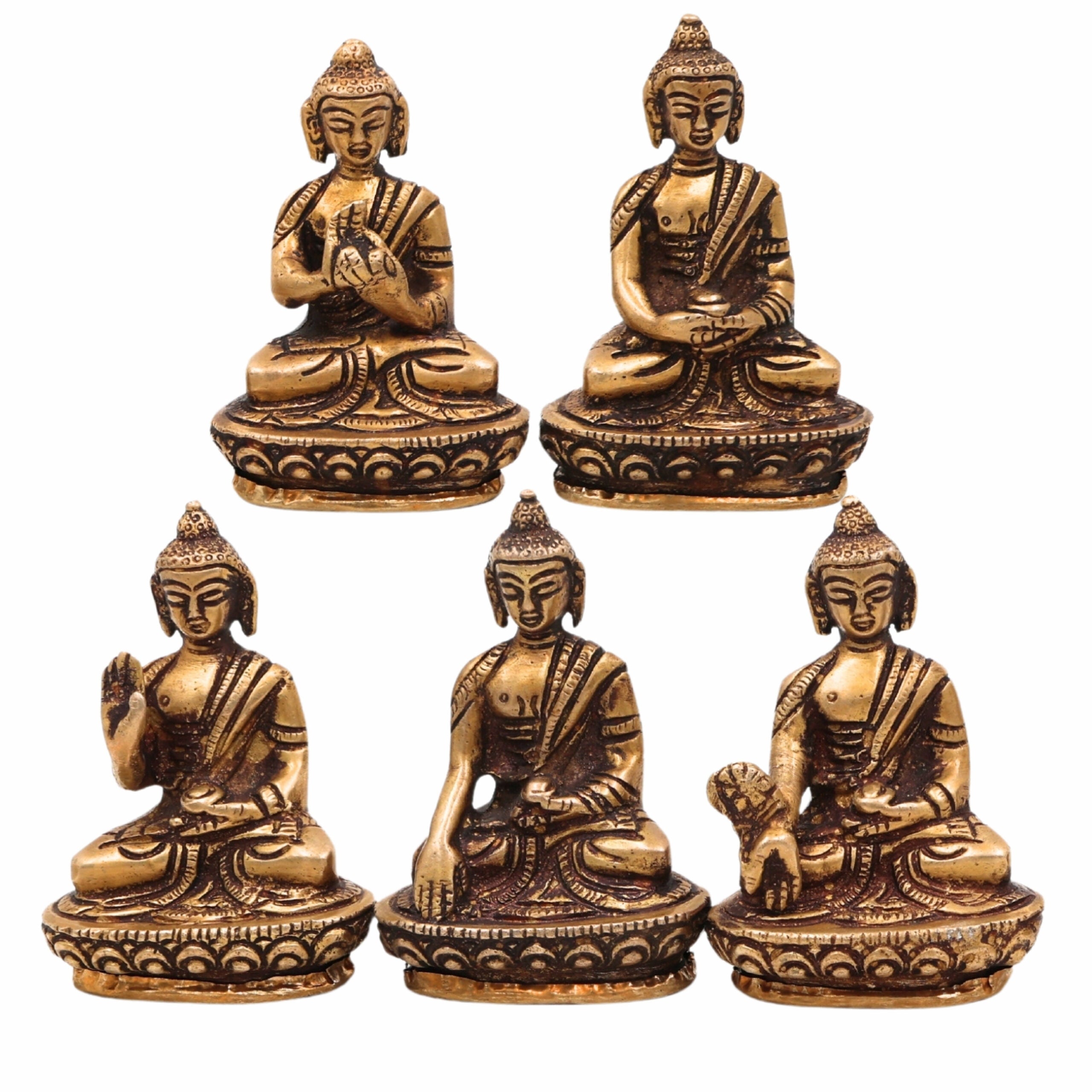 Brass Five Dhyani Buddhas Idol – Vairocana, Akshobhya, Ratnasambhava, Amitabha & Amoghasiddhi Murti | Buddhist Statue, Vigraha, Moorti for Home, Temple, Meditation & Gifts,Gold, 3 Inch, 1 Piece