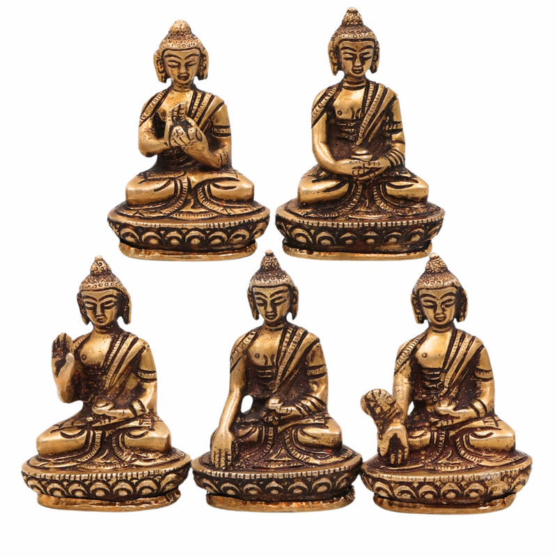 Brass Five Dhyani Buddhas Idol – Vairocana, Akshobhya, Ratnasambhava, Amitabha & Amoghasiddhi Murti | Buddhist Statue, Vigraha, Moorti for Home, Temple, Meditation & Gifts,Gold, 3 Inch, 1 Piece