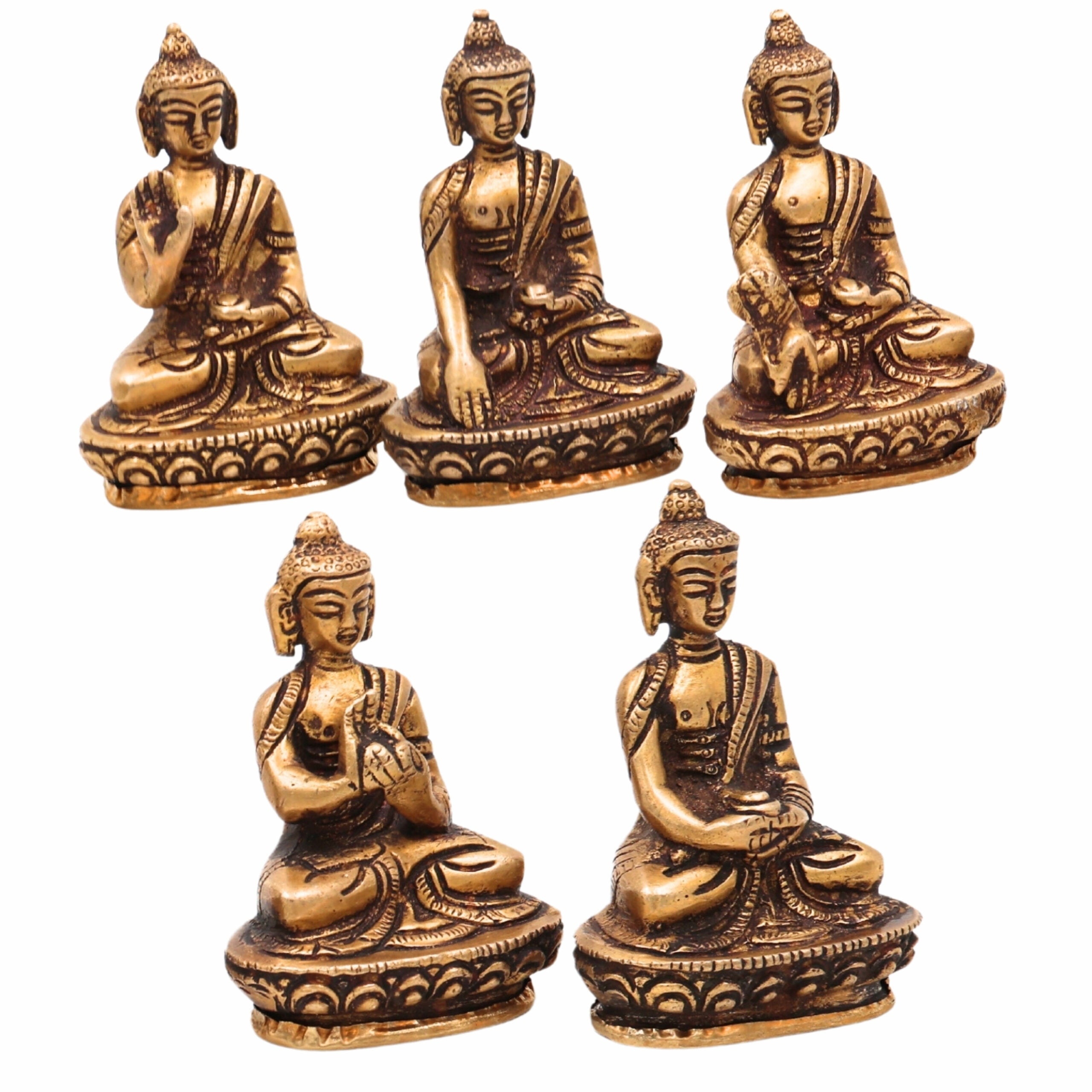 Brass Five Dhyani Buddhas Idol – Vairocana, Akshobhya, Ratnasambhava, Amitabha & Amoghasiddhi Murti | Buddhist Statue, Vigraha, Moorti for Home, Temple, Meditation & Gifts,Gold, 3 Inch, 1 Piece