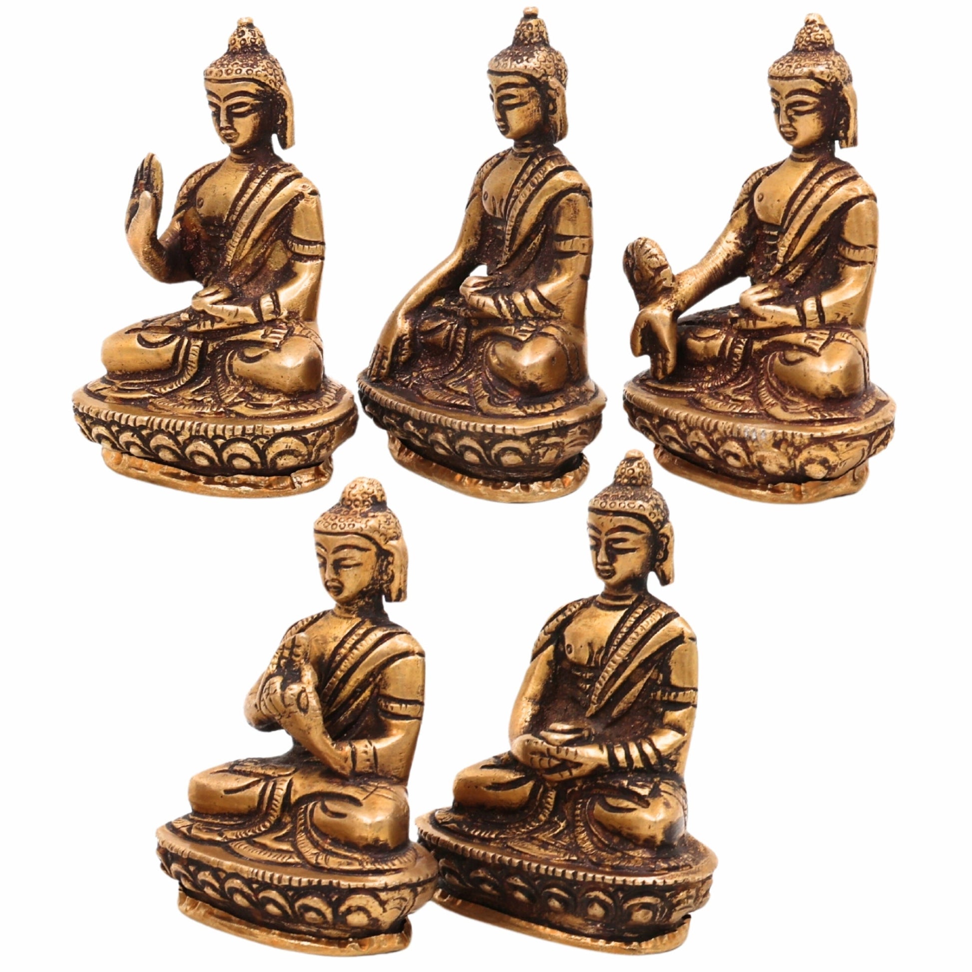 Brass Five Dhyani Buddhas Idol – Vairocana, Akshobhya, Ratnasambhava, Amitabha & Amoghasiddhi Murti | Buddhist Statue, Vigraha, Moorti for Home, Temple, Meditation & Gifts,Gold, 3 Inch, 1 Piece