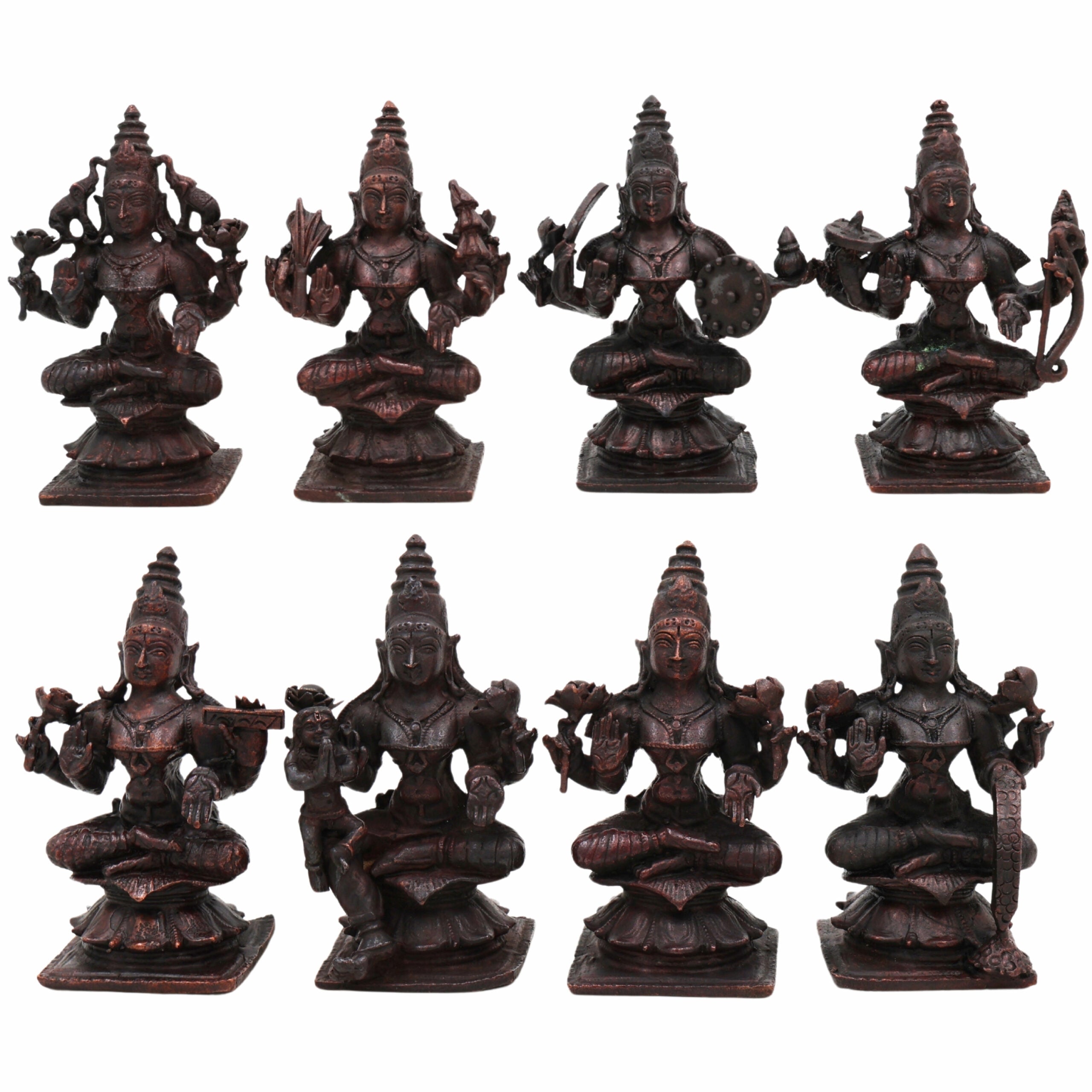 Copper Ashta Lakshmi Idol Set | 8 Lakshmi Murti for Pooja, Home Temple, Office, Vastu | Dhana, Dhanya, Gaja, Santana, Veera, Vijaya, Adi, Aishwarya Lakshmi | Handcrafted Tamra Vigraham, Antique Finish,Brown, 3.5 Inch, 1 Piece