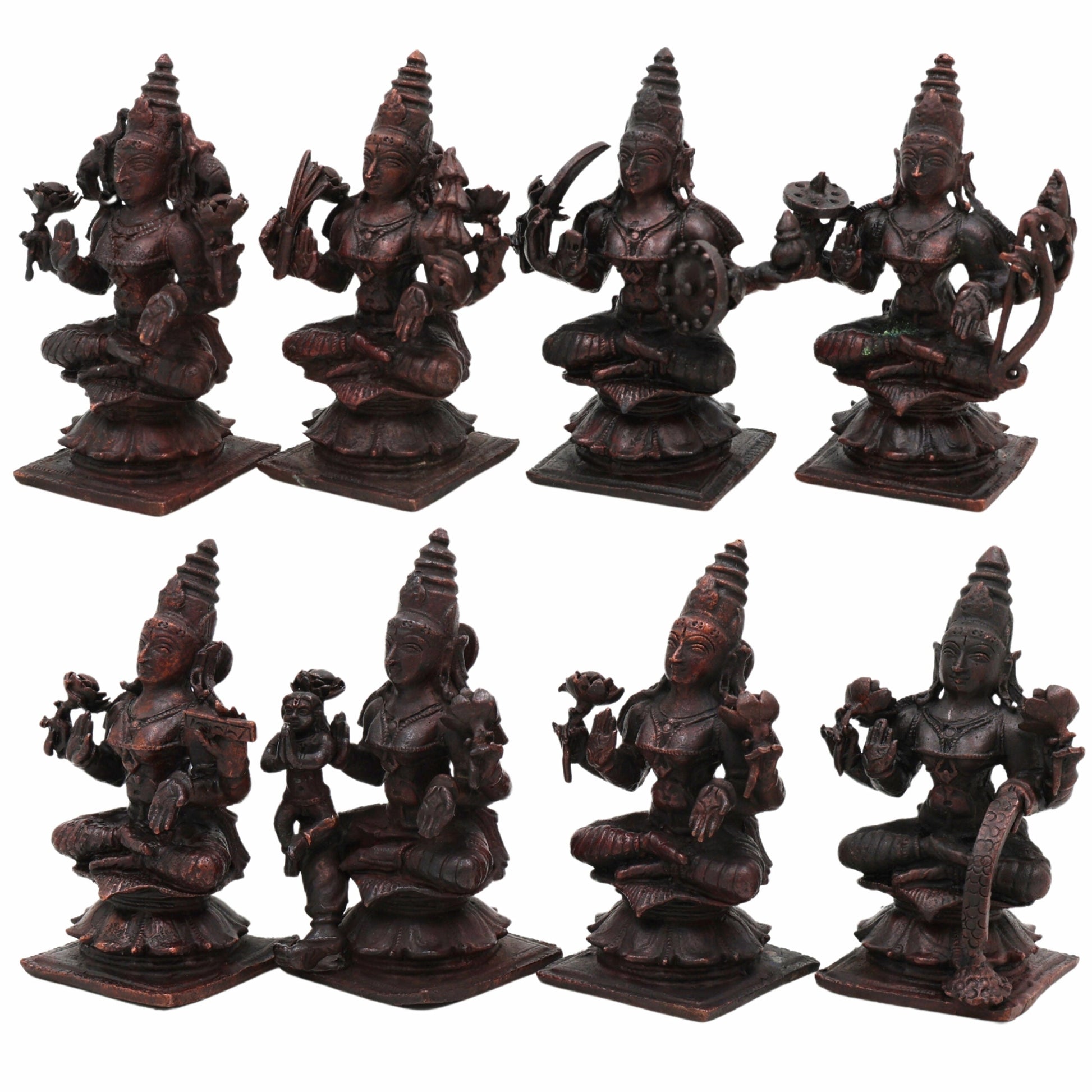 Copper Ashta Lakshmi Idol Set | 8 Lakshmi Murti for Pooja, Home Temple, Office, Vastu | Dhana, Dhanya, Gaja, Santana, Veera, Vijaya, Adi, Aishwarya Lakshmi | Handcrafted Tamra Vigraham, Antique Finish,Brown, 3.5 Inch, 1 Piece