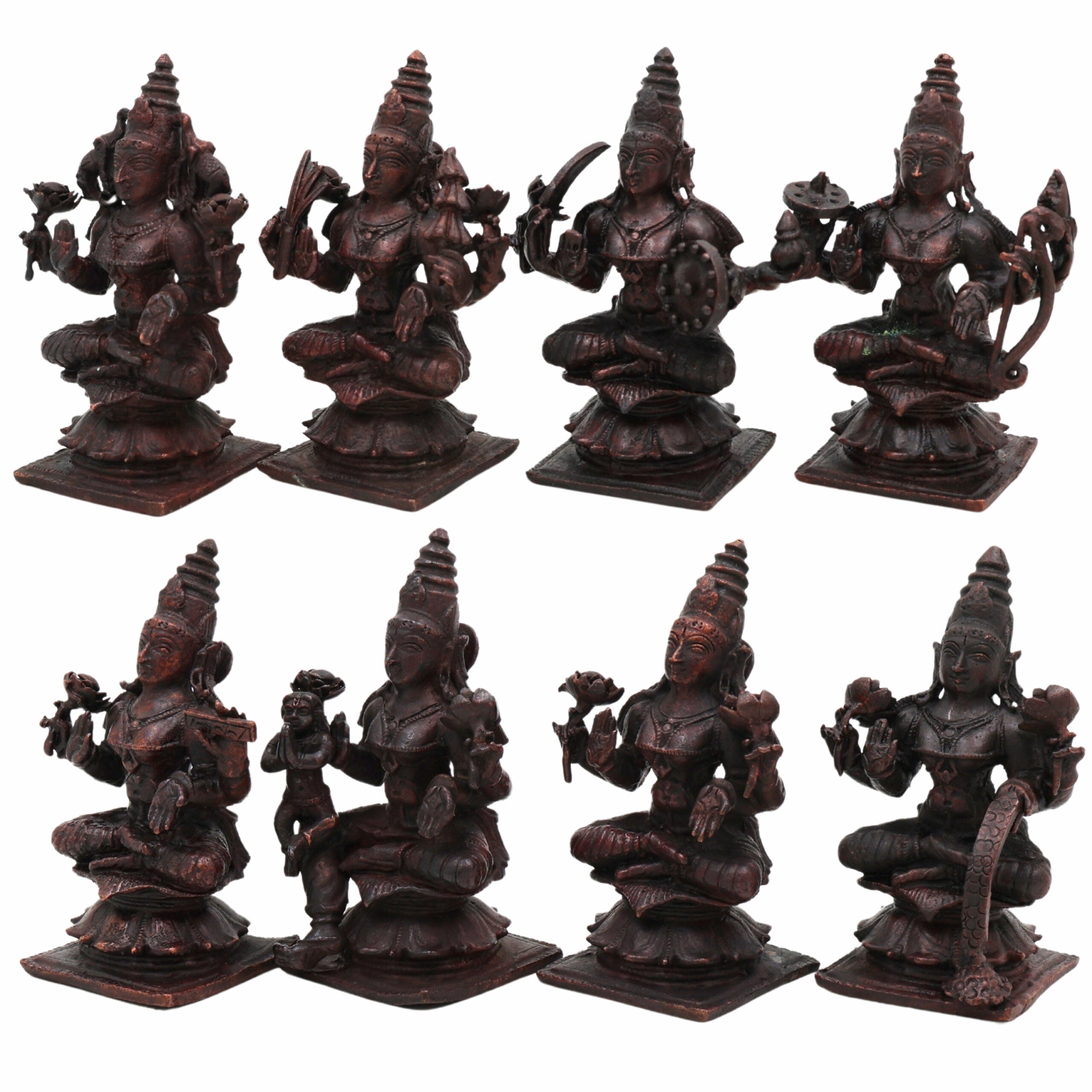 Copper Ashta Lakshmi Idol Set | 8 Lakshmi Murti for Pooja, Home Temple, Office, Vastu | Dhana, Dhanya, Gaja, Santana, Veera, Vijaya, Adi, Aishwarya Lakshmi | Handcrafted Tamra Vigraham, Antique Finish,Brown, 3.5 Inch, 1 Piece